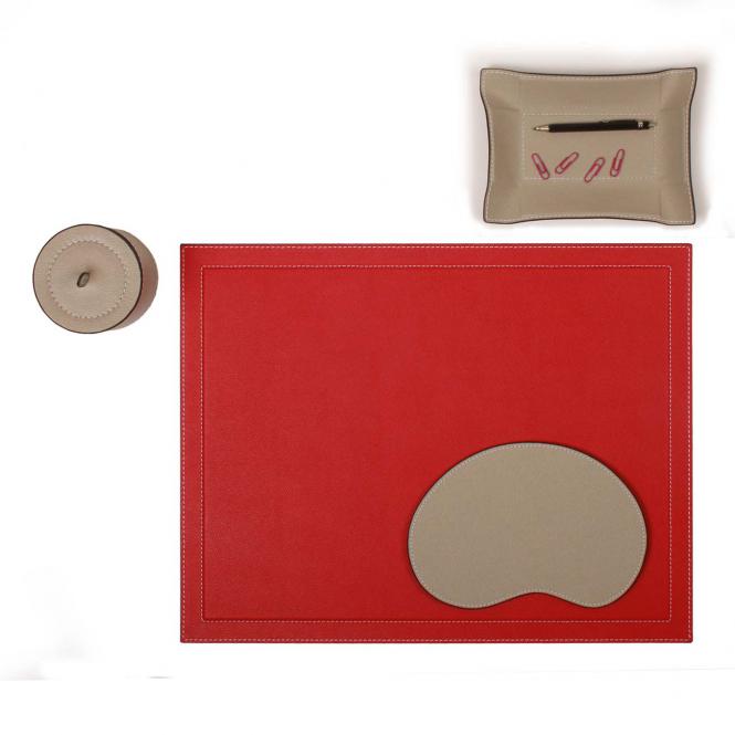 Giobagnara Schreibtischunterlage lederbezogen rot - mit einer Lederablage Jack einem Mouse Pad und der Lederbox Harris in Stone von der Marke Giobagnara dekoriert Schreibtischauflage, rot