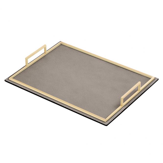 Giobagnara Ledertablett Defile aus Glattleder rechteckig und mit Griff aus gebürstetem Messing stone Ledertablett Defile rechteckig taupe/goldfarben, Größe Small 20 x 30 x 45 cm