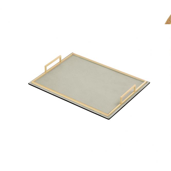 Giobagnara Ledertablett Defile aus Glattleder rechteckig und mit Griff aus gebürstetem Messing grau Ledertablett Defile rechteckig grau/goldfarben, Größe Large 35 x 45 x 45 cm